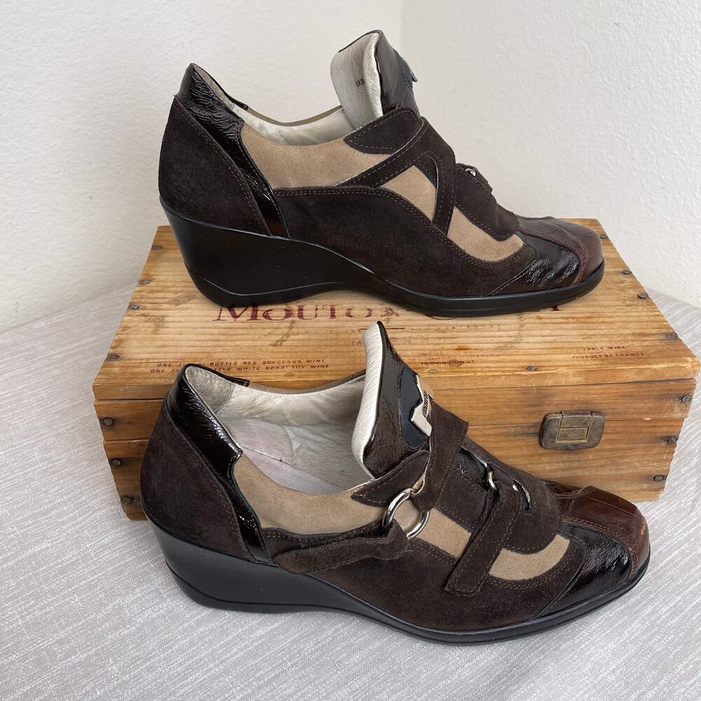 Mauri Suprema 8651 Women 9 Brown Baby Crocodile Suede Patent Leather Wedge Shoes - Picture 6 of 16